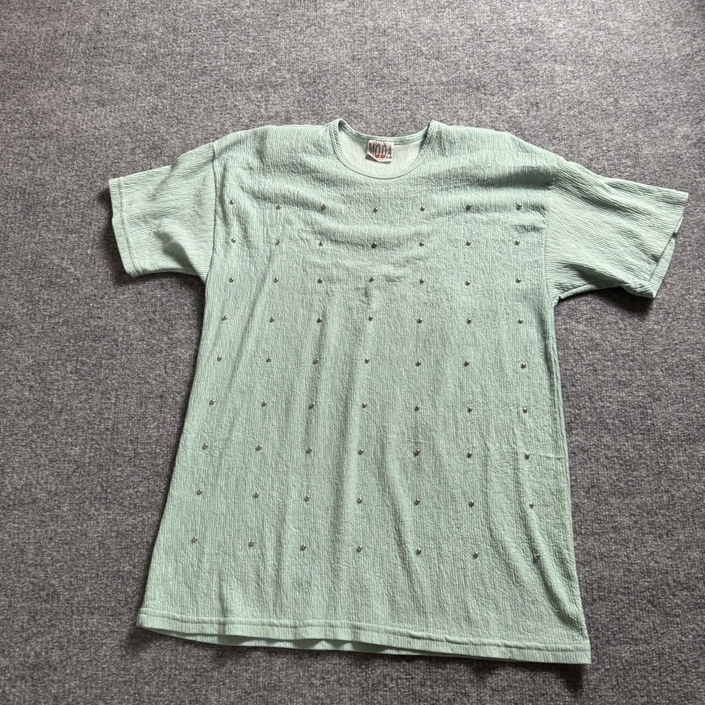 Moda International Studded Tee Mint Green Crinkle Knit Top w/shoulder pads Sz XL